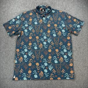 Raised By Coyotes Steer Skull Floral Polo Shirt Teal Blue Men’s XXL